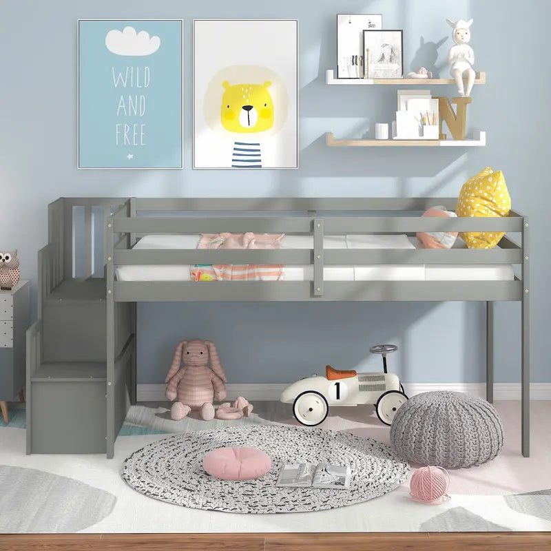 Twin Size Pine Wood Loft Bed with Staircase and Fence