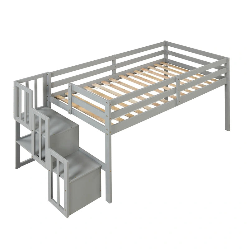 Twin Size Pine Wood Loft Bed with Staircase and Fence