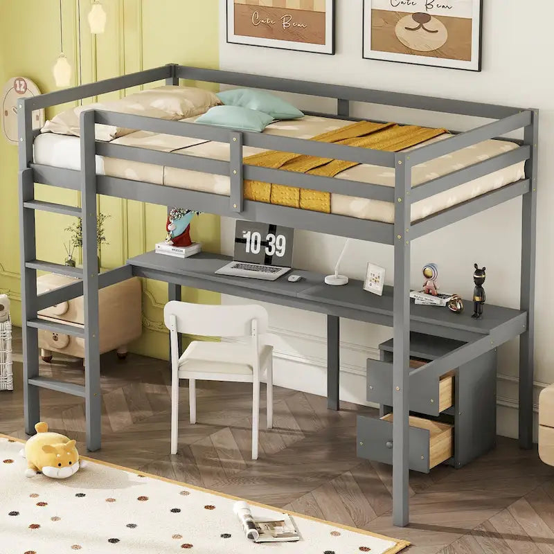 Twin Size Wood Loft Bed with Desk, Storage, and Ladder