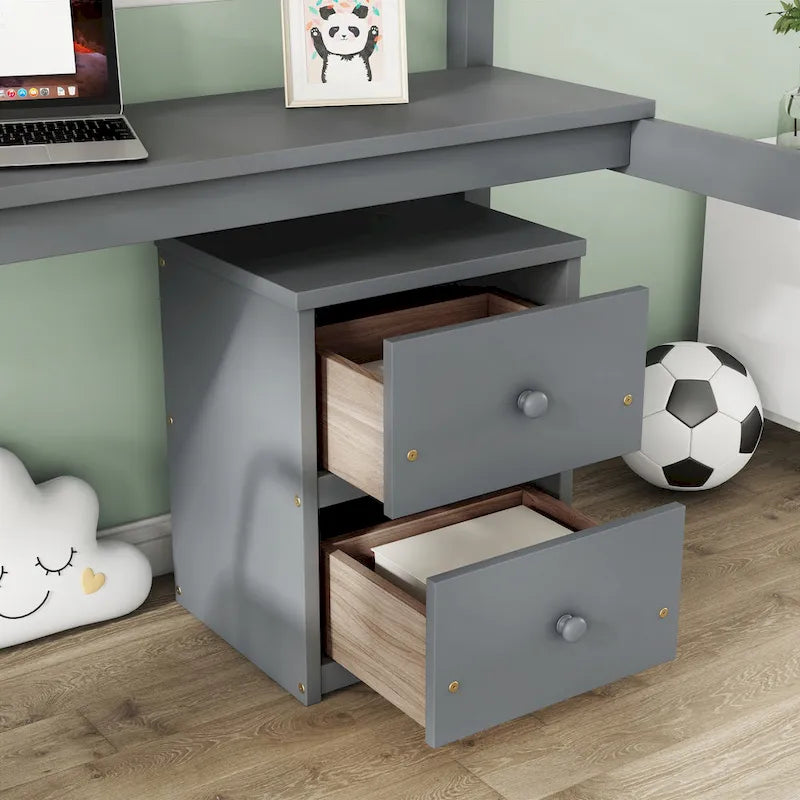 Twin Size Wood Loft Bed with Desk, Storage, and Ladder