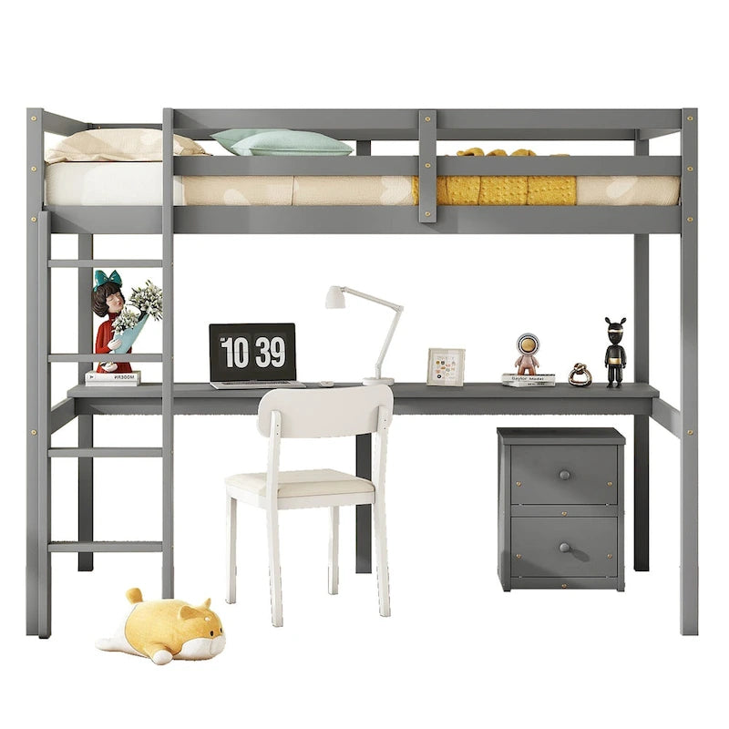 Twin Size Wood Loft Bed with Desk, Storage, and Ladder