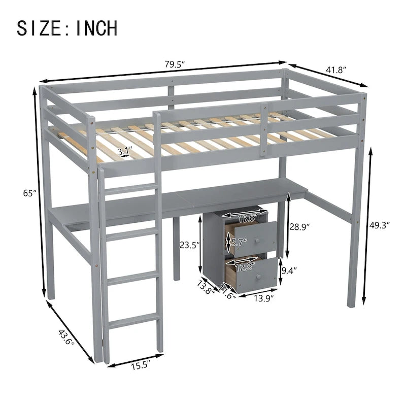 Twin Size Wood Loft Bed with Desk, Storage, and Ladder