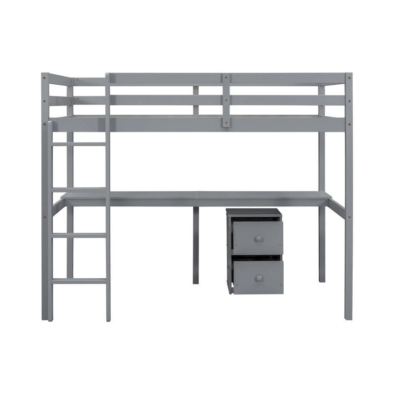 Twin Size Wood Loft Bed with Desk, Storage, and Ladder