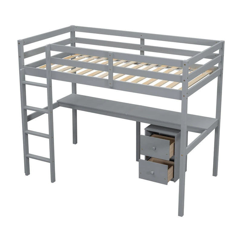 Twin Size Wood Loft Bed with Desk, Storage, and Ladder