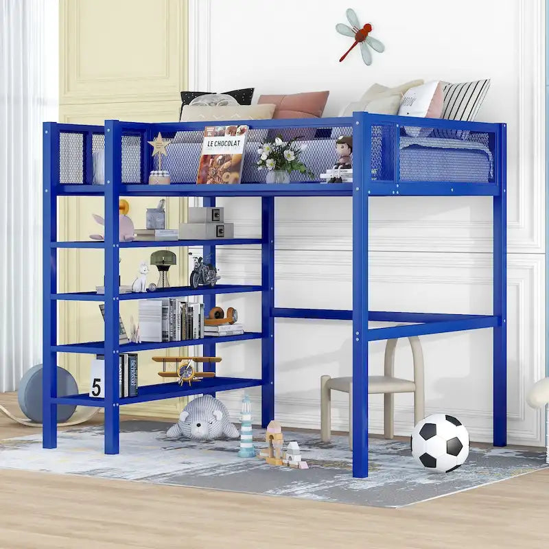 Lit mezzanine en métal avec étagères à 4 niveaux et espace de rangement