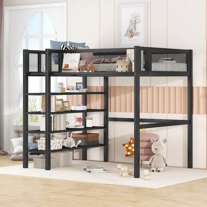 Metal Loft Bed with 4-Tier Shelves and Storage