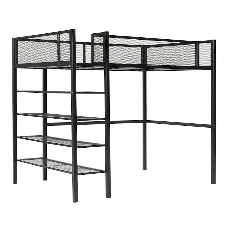 Metal Loft Bed with 4-Tier Shelves and Storage
