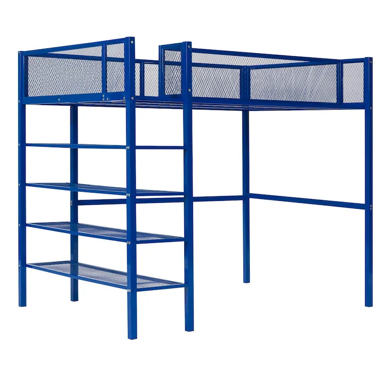 Lit mezzanine en métal avec étagères à 4 niveaux et espace de rangement