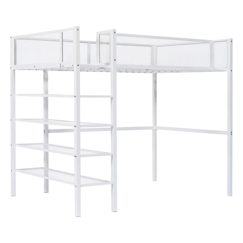 Metal Loft Bed with 4-Tier Shelves and Storage