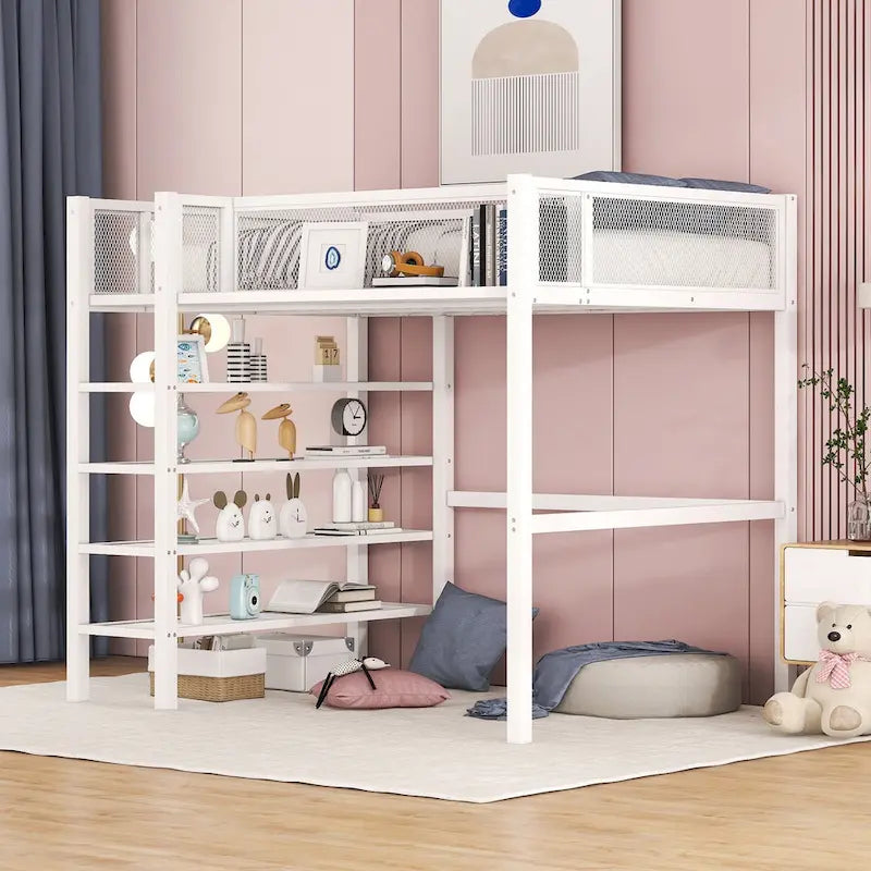 Metal Loft Bed with 4-Tier Shelves and Storage
