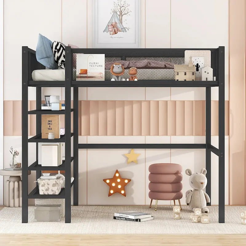 Lit mezzanine en métal avec étagères à 4 niveaux et espace de rangement