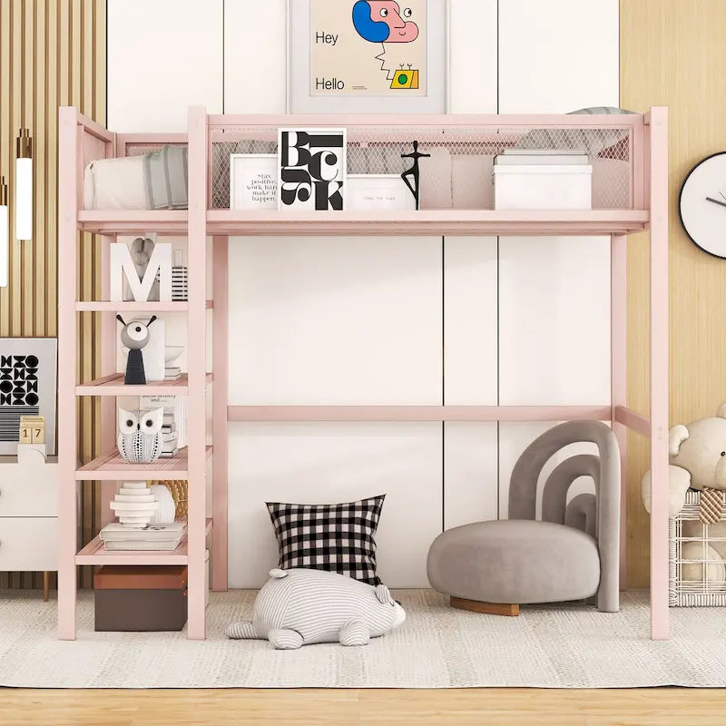 Lit mezzanine en métal avec étagères à 4 niveaux et espace de rangement