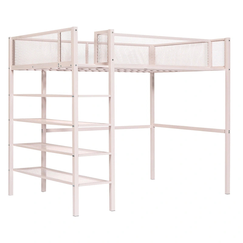 Lit mezzanine en métal avec étagères à 4 niveaux et espace de rangement