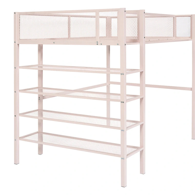 Lit mezzanine en métal avec étagères à 4 niveaux et espace de rangement