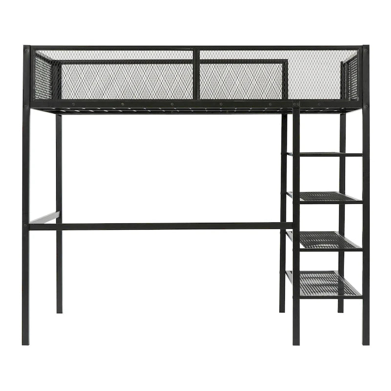 Lit mezzanine en métal avec étagères à 4 niveaux et espace de rangement