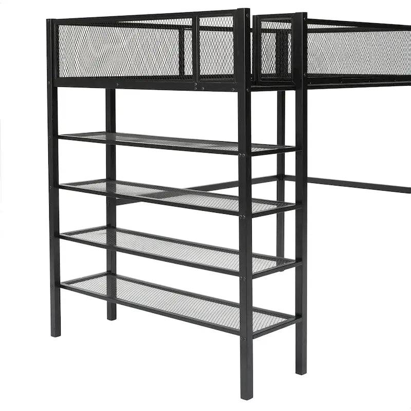 Lit mezzanine en métal avec étagères à 4 niveaux et espace de rangement