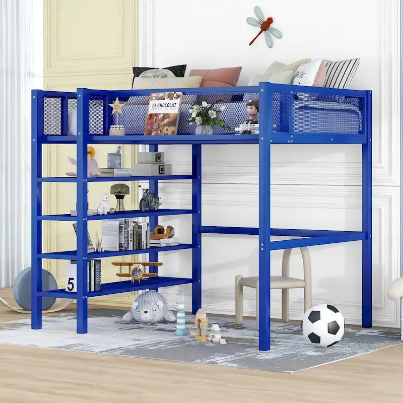Lit mezzanine en métal avec étagères à 4 niveaux et espace de rangement