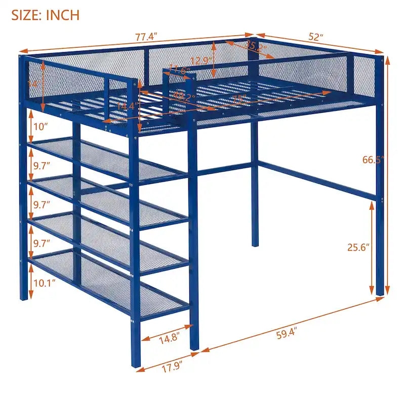 Lit mezzanine en métal avec étagères à 4 niveaux et espace de rangement