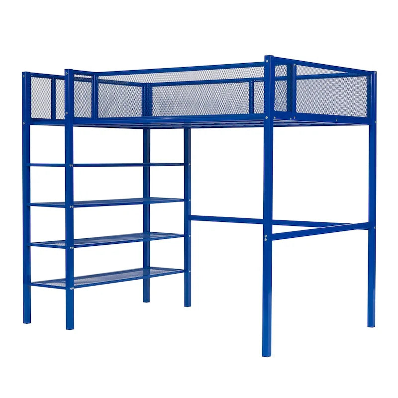 Lit mezzanine en métal avec étagères à 4 niveaux et espace de rangement