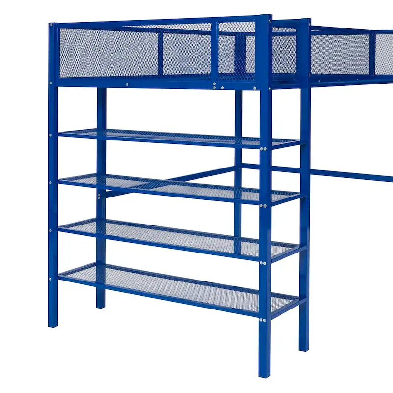 Lit mezzanine en métal avec étagères à 4 niveaux et espace de rangement