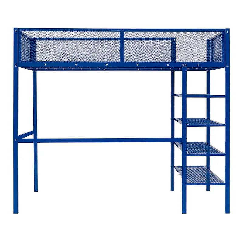 Lit mezzanine en métal avec étagères à 4 niveaux et espace de rangement