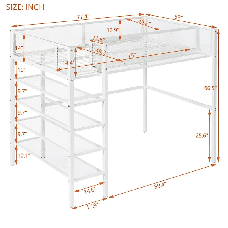 Lit mezzanine en métal avec étagères à 4 niveaux et espace de rangement