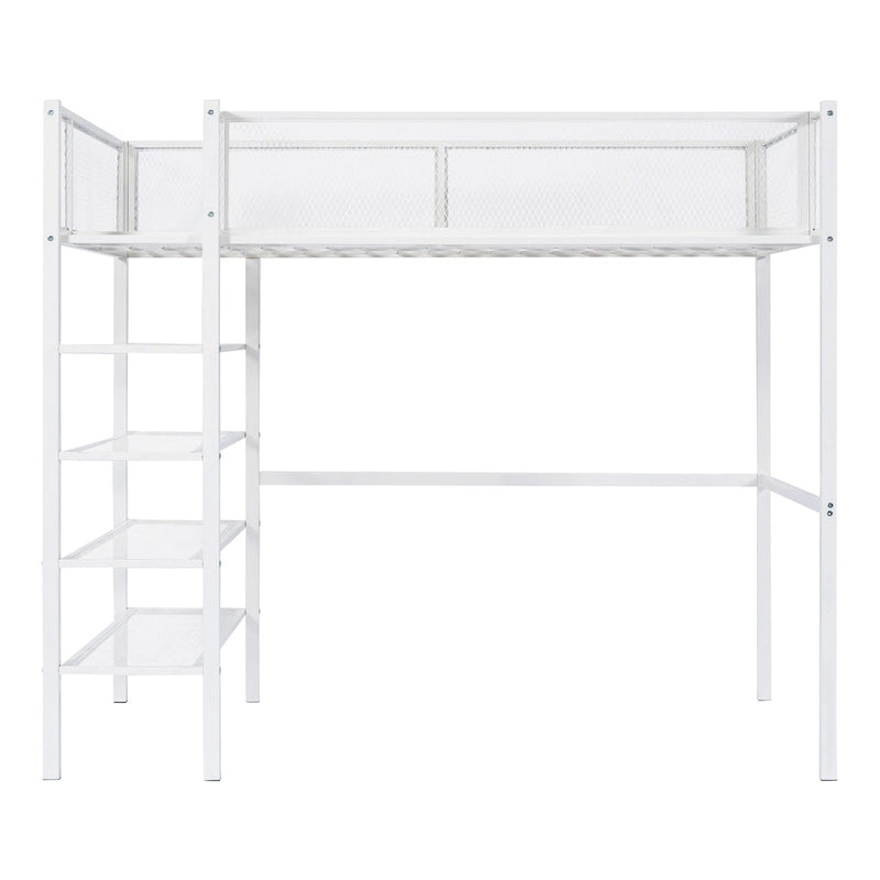Lit mezzanine en métal avec étagères à 4 niveaux et espace de rangement