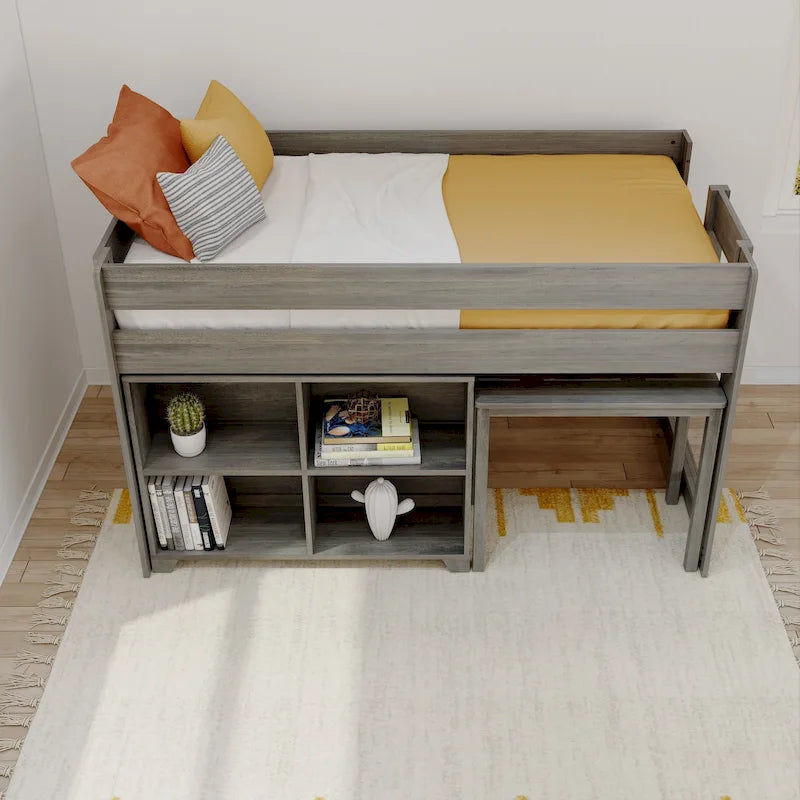 Farmhouse Twin-Size Low Loft with 4-Shelf Bookcase and Desk