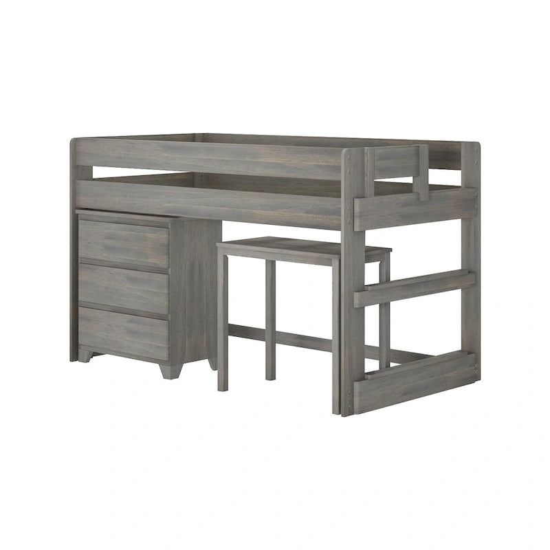Farmhouse Twin-Size Low Loft with 4-Shelf Bookcase and Desk
