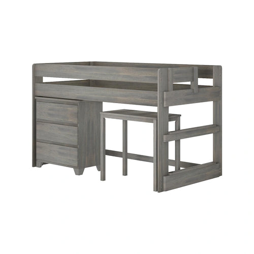 Farmhouse Twin-Size Low Loft with 4-Shelf Bookcase and Desk