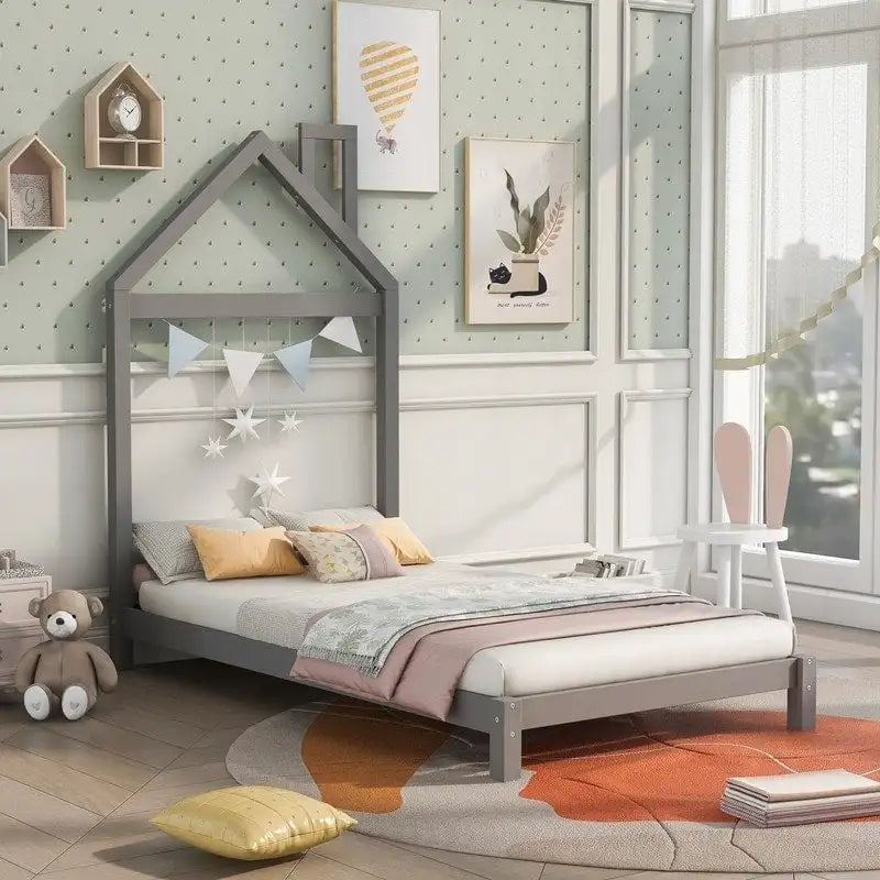 Twin Size Wood Platform Bed with House-shaped Headboard for Kids