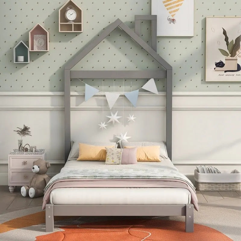 Twin Size Wood Platform Bed with House-shaped Headboard for Kids