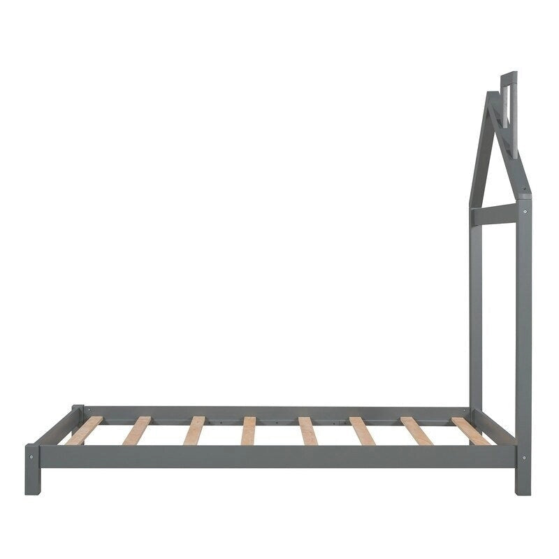 Twin Size Wood Platform Bed with House-shaped Headboard for Kids