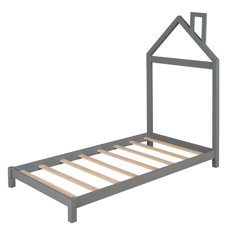 Twin Size Wood Platform Bed with House-shaped Headboard for Kids