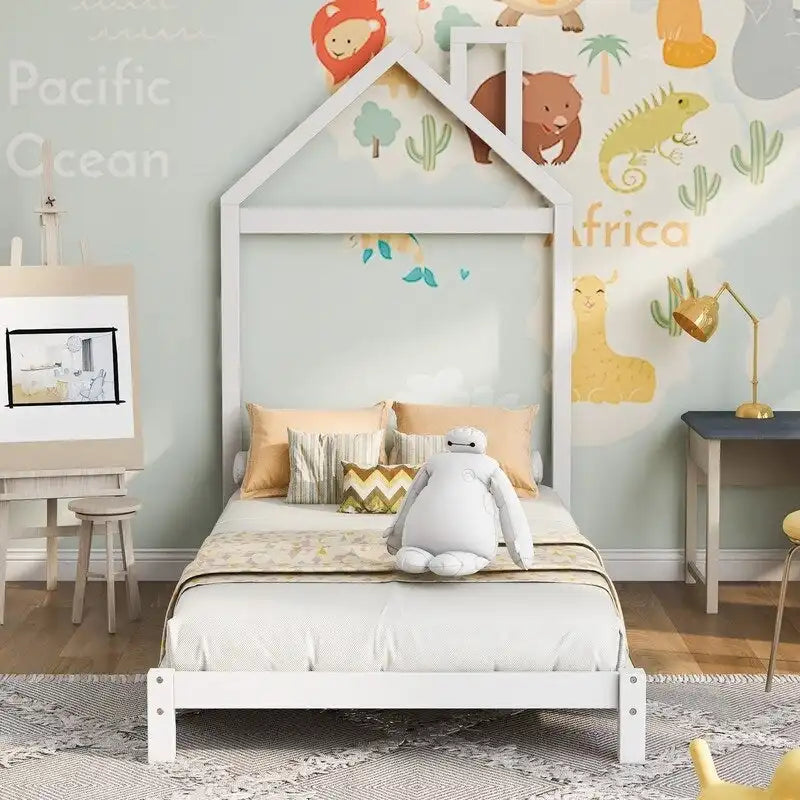 Twin Size Wood Platform Bed with House-shaped Headboard for Kids