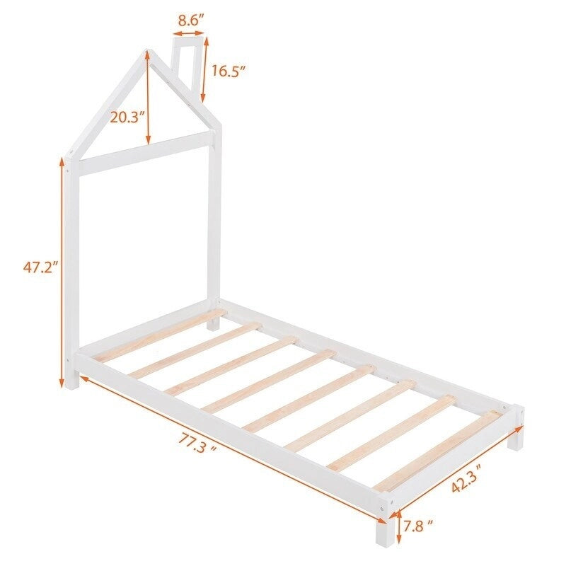 Twin Size Wood Platform Bed with House-shaped Headboard for Kids