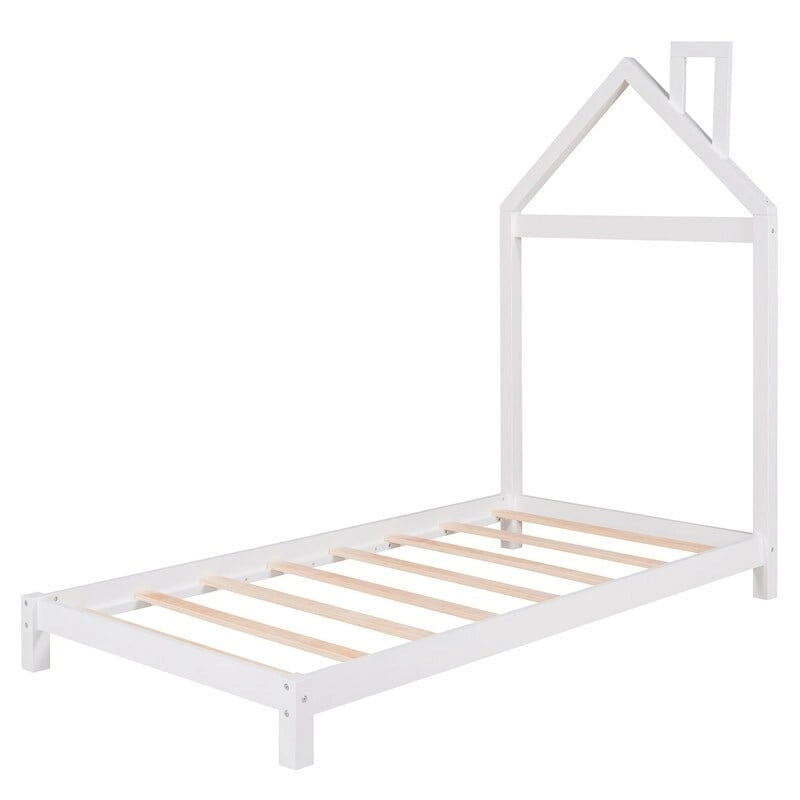 Twin Size Wood Platform Bed with House-shaped Headboard for Kids