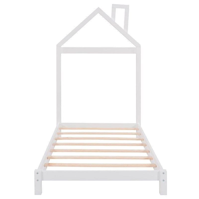 Twin Size Wood Platform Bed with House-shaped Headboard for Kids