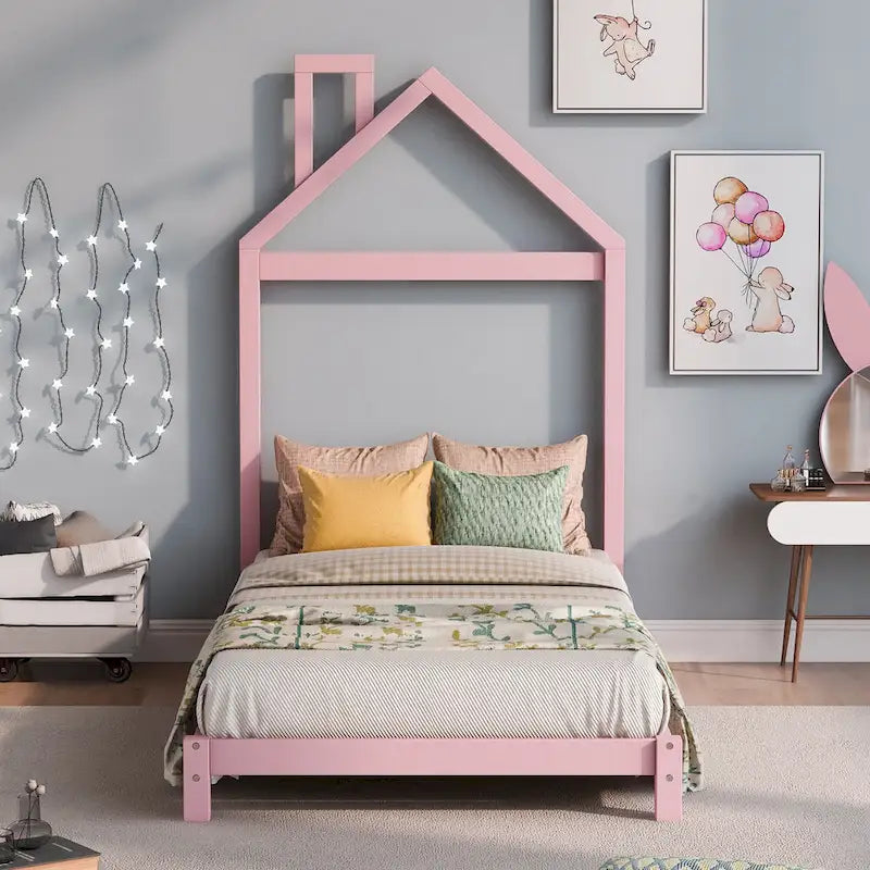 Twin Size Wood Platform Bed with House-shaped Headboard for Kids
