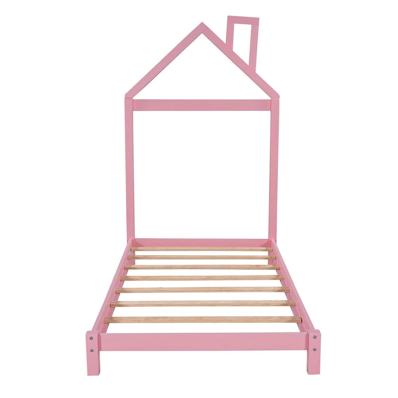 Twin Size Wood Platform Bed with House-shaped Headboard for Kids