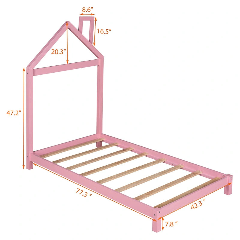 Twin Size Wood Platform Bed with House-shaped Headboard for Kids