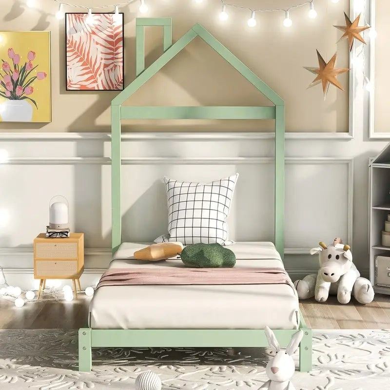 Twin Size Wood Platform Bed with House-shaped Headboard for Kids