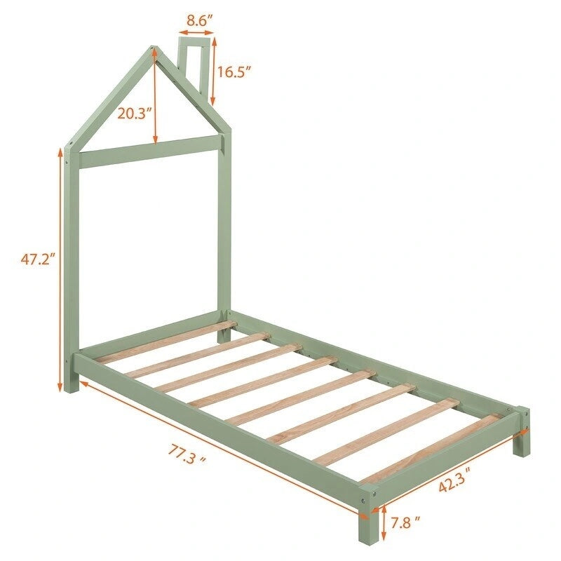 Twin Size Wood Platform Bed with House-shaped Headboard for Kids