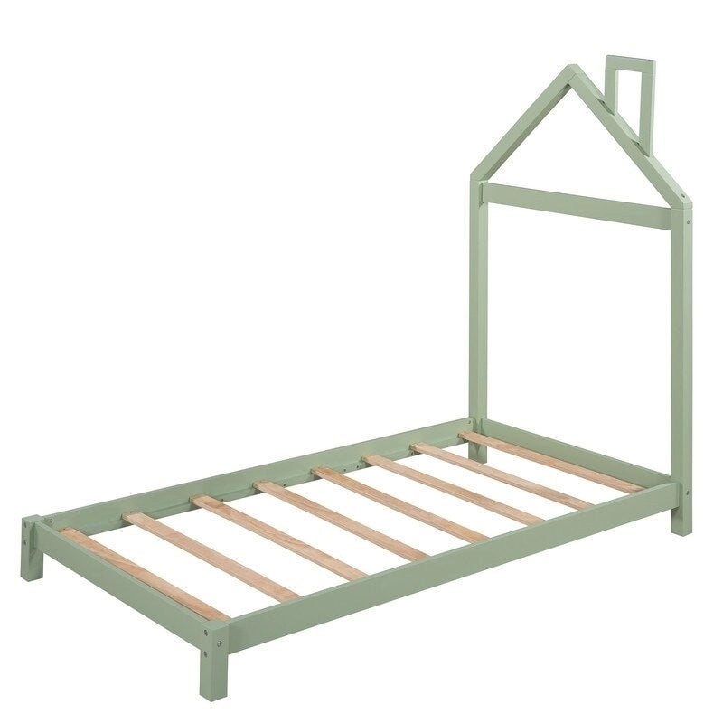 Twin Size Wood Platform Bed with House-shaped Headboard for Kids