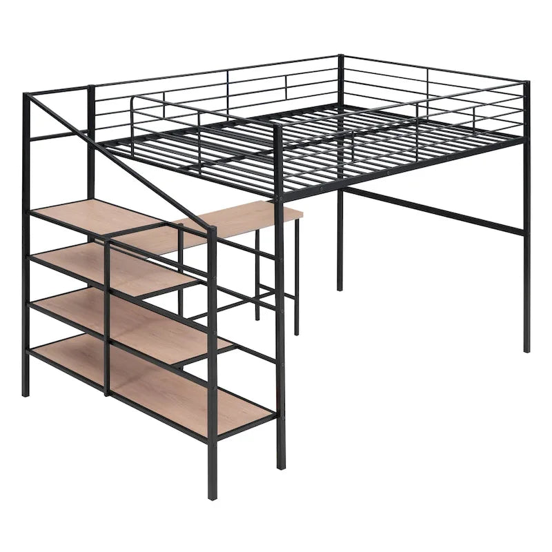 Cama alta de metal tamaño Full con escritorio y escalera lateral con almacenamiento, negra