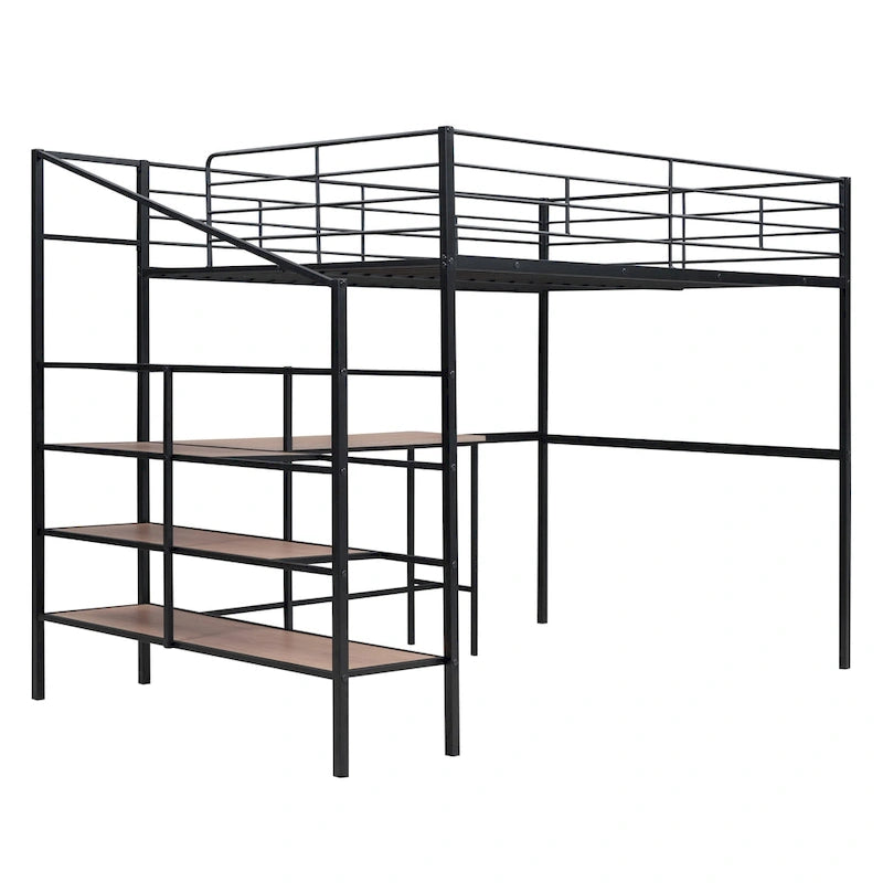 Cama alta de metal tamaño Full con escritorio y escalera lateral con almacenamiento, negra