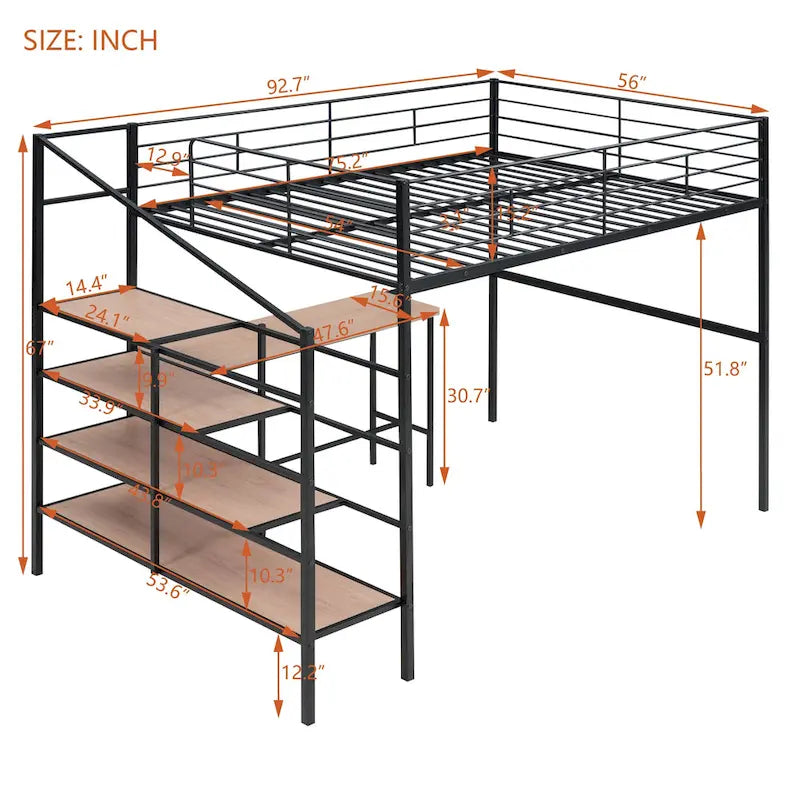 Cama alta de metal tamaño Full con escritorio y escalera lateral con almacenamiento, negra