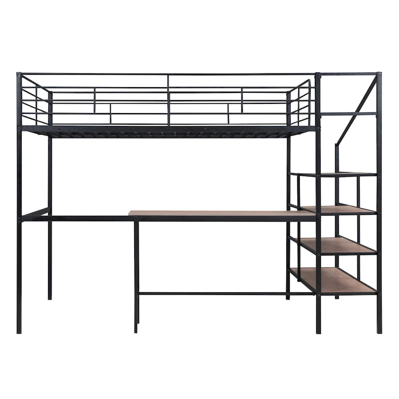 Cama alta de metal tamaño Full con escritorio y escalera lateral con almacenamiento, negra