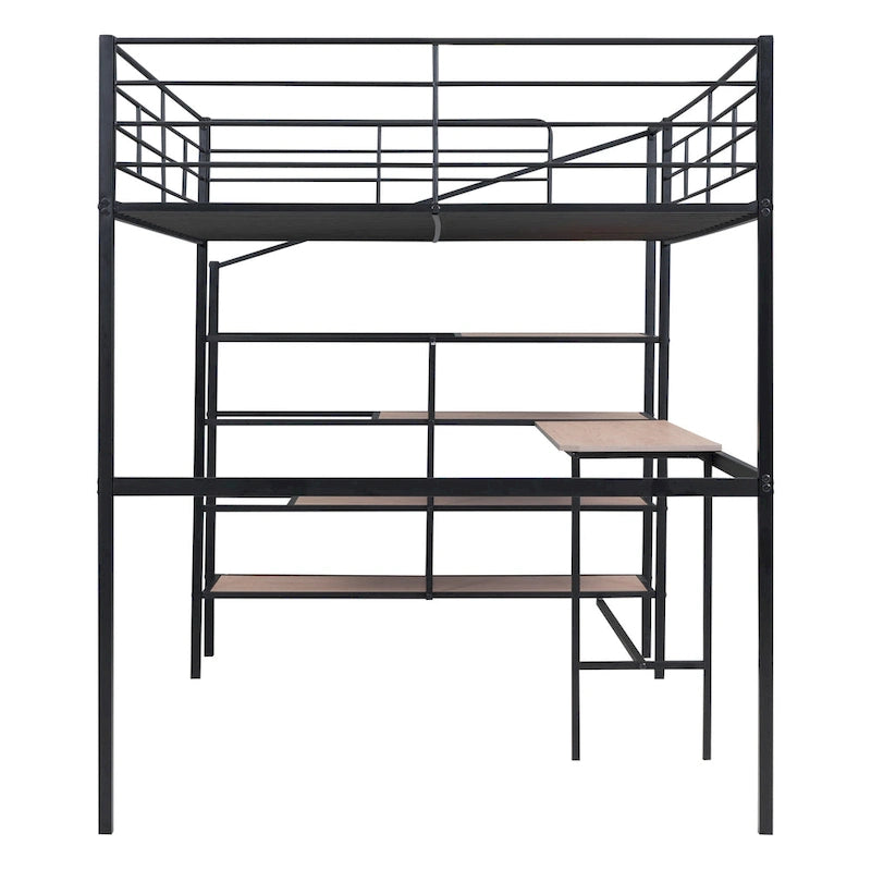 Cama alta de metal tamaño Full con escritorio y escalera lateral con almacenamiento, negra