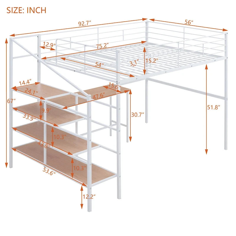 Cama alta de metal tamaño Full con escritorio y escalera lateral con almacenamiento, negra
